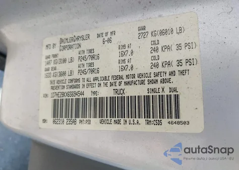 2006 Dodge Dakota St из США, поврежденный, VIN 1D7HE28KX6S694544